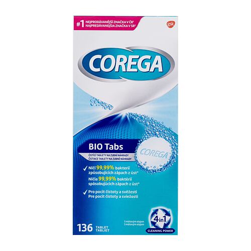 Čisticí tablety a roztoky Corega Tabs Bio 136 ks poškozená krabička